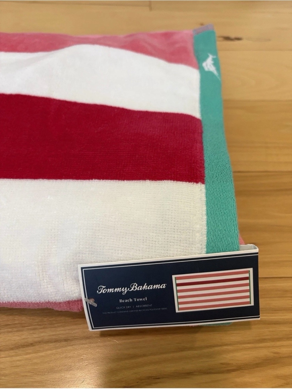 NEW Tommy Bahama Pink, Red & White Stripe Beach Towel with Teal Trim 36X72